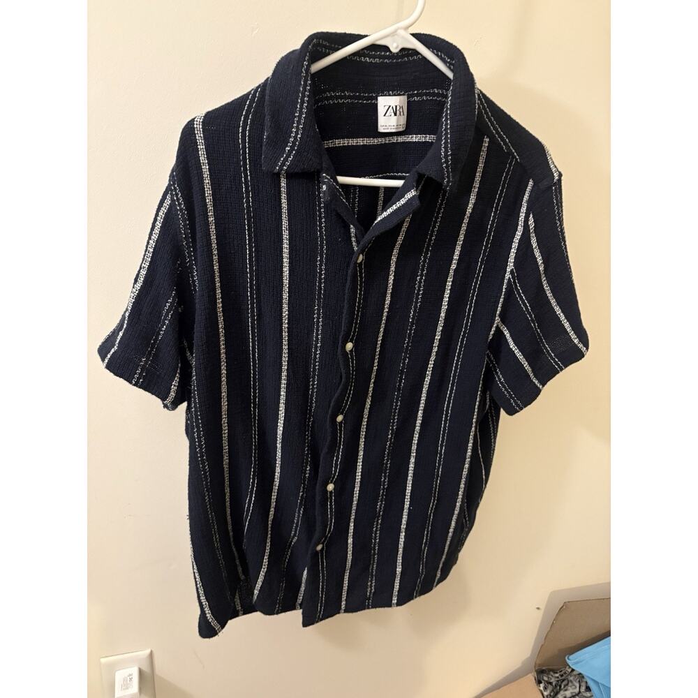 Zara Striped Crochet Knit Button Up Shirt Blue White Summer Beach Mens XL